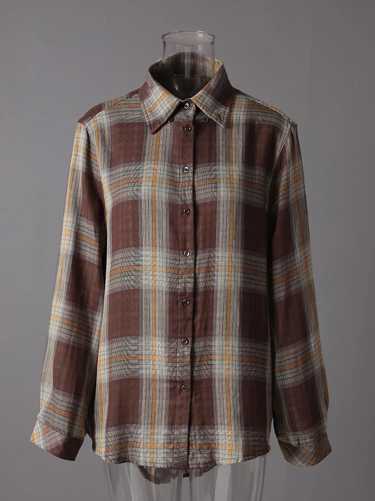 Women Plaid Vintage Back Button Big Size Casual Blouse New Lapel Long Sleeve Shirt Fashion Tide Spring Autumn 2025 26C1723