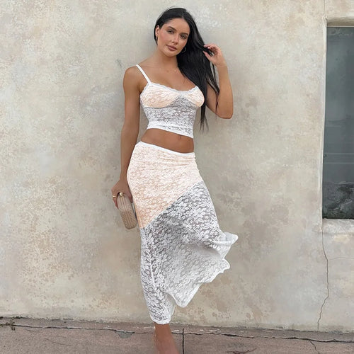 Load image into Gallery viewer, Lace Sexy Two Piece Sets Women Lace Halter Cropped Tops And Skirt Ladies Print Contrast Color Club Party 2 Piece Sets
