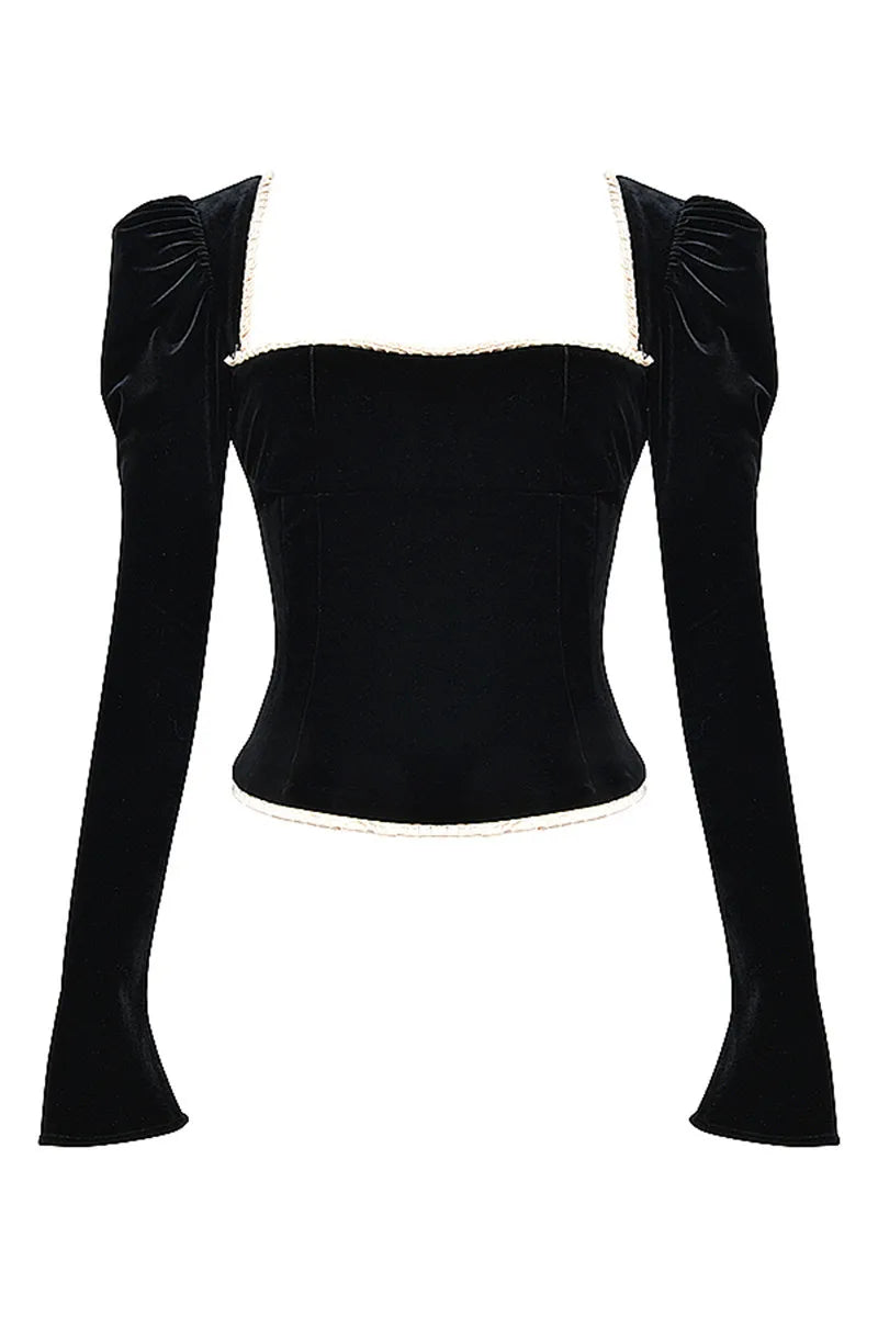 Square Collar Backless Bandage Sexy T-shirt Women Autumn Winter New Black Shoulder Pad Sleeve Skinny Sexy Party Tops