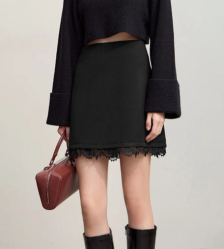 Minimalist Mini Skirt 2025 Winter New Short Wool Warm Skirts For Women Patchwork Lace Casual Solid Clothing Ladies 12544125