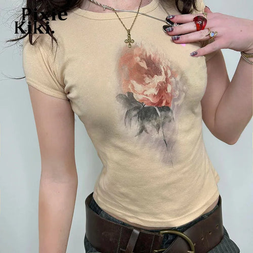 Load image into Gallery viewer, Retro Floral Printed Graphic Tees Y2k 2000s Summer Tops Short Sleeve T Shirts Trendy Women Clothes 2024 P77-AH10
