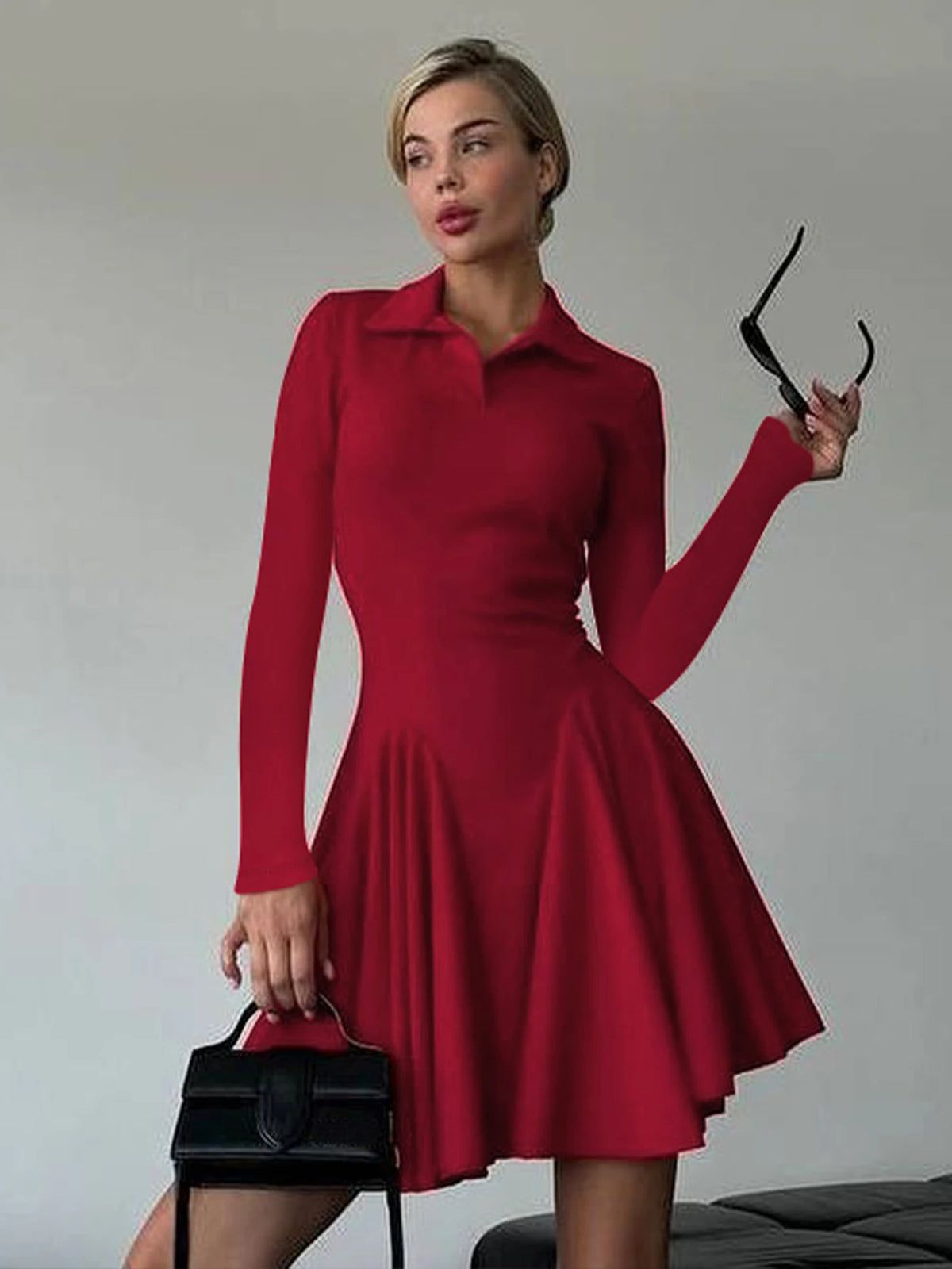 Polo Neck Solid Long Sleeve Pleated Sexy Bodycon Mini Dress Fall Women Fashion Y2K Outfits Birthday Party Festival