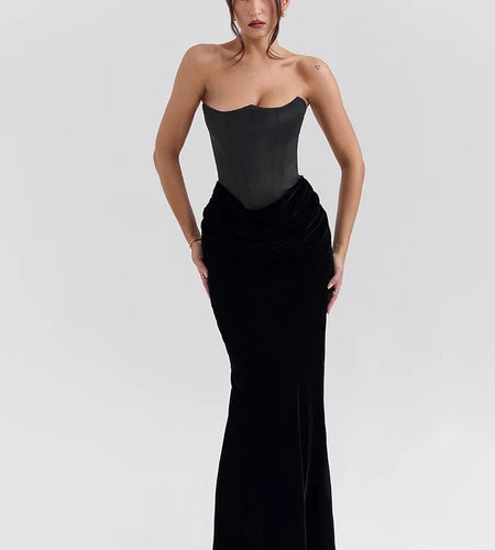 Sexy Strapless Bodycon Patchwork Backless Party Club Evening Dress Women Elegant Tight Long Dress Slim Fishbone Vestido