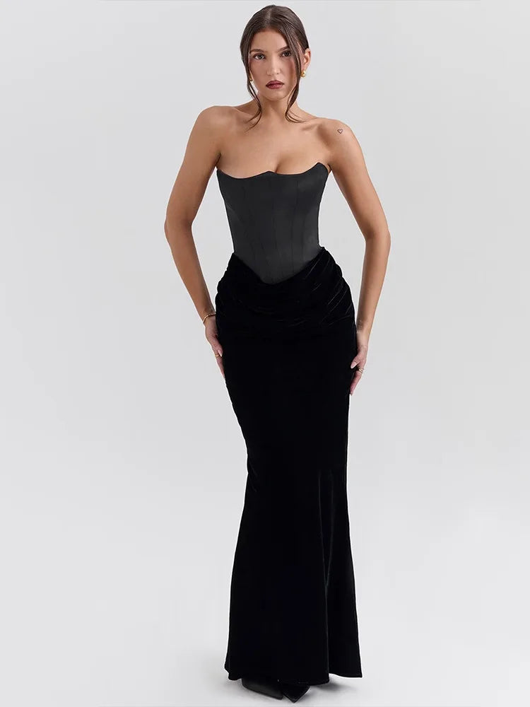 Sexy Strapless Bodycon Patchwork Backless Party Club Evening Dress Women Elegant Tight Long Dress Slim Fishbone Vestido
