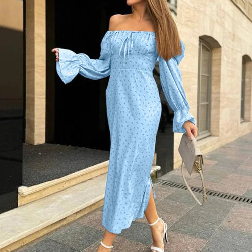 Load image into Gallery viewer, Elegant Single Shoulder Long Sleeve Printed Bodycon Dress Women Sexy Square Neck Slimming Holiday Beach Street Clothing
