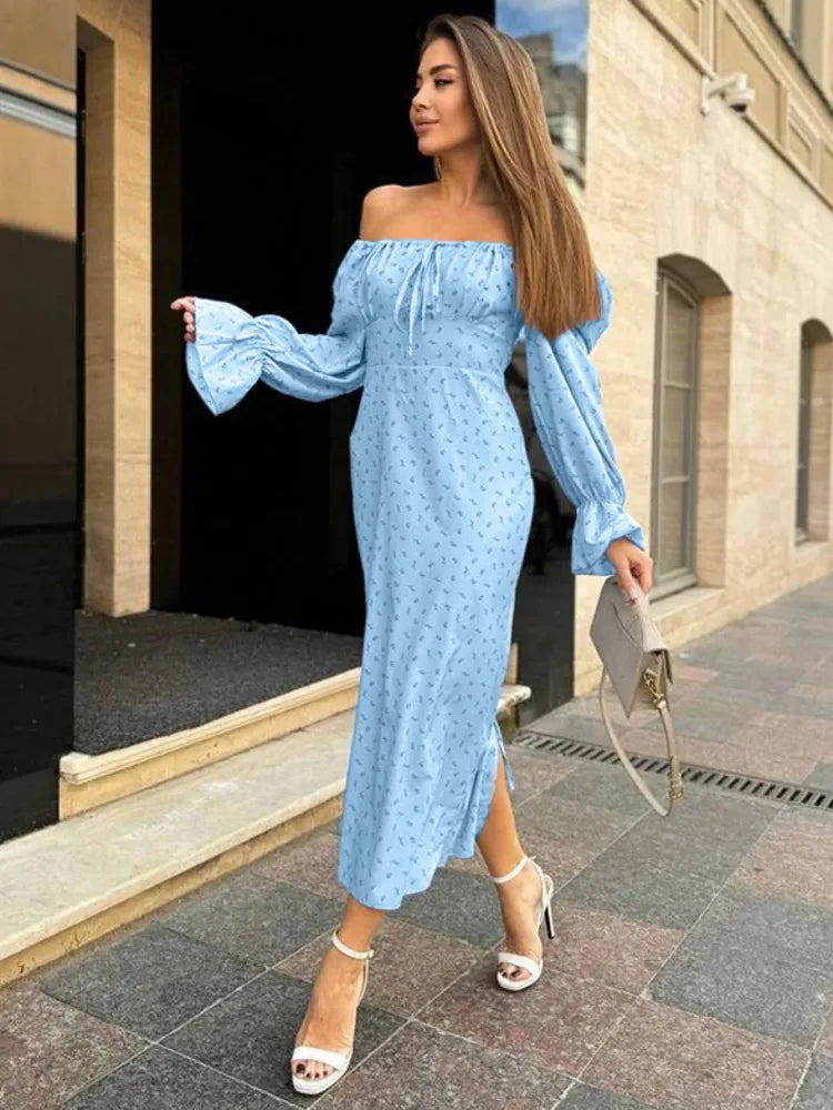 Elegant Single Shoulder Long Sleeve Printed Bodycon Dress Women Sexy Square Neck Slimming Holiday Beach Street Clothing