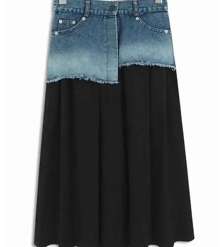 High Waist Khaki Denim Pleated Burr Color-block Midi Half-body Skirt Women Fashion Tide New Spring Autumn 2025 1DH5784