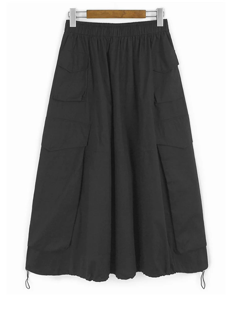 High Elastic Waist Blue Hem Drawstring Casual A-line Half-body Skirt Women Fashion Tide New Spring Autumn 2025 1DJ0863