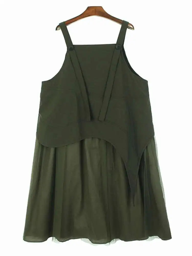 Women Black Topstitched Mesh Big Size Strap Dress New Square Collar Sleeveless Fashion Tide Spring Autumn 2025  1DH6192