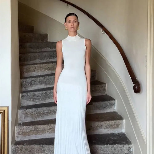Load image into Gallery viewer, Half High Collar Sleeveless Knit Maxi Dress For Women Fashion Solid Bodycon Sexy Pleated Long Knitted Sweater Dress
