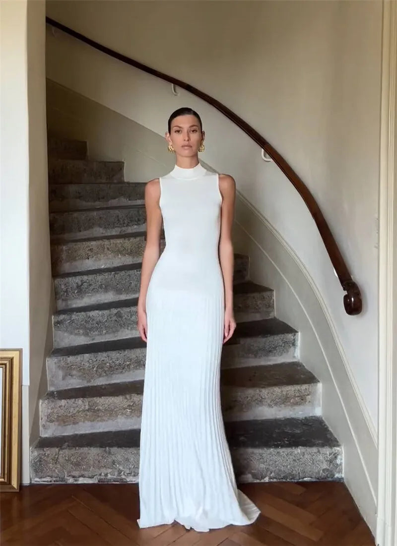 Half High Collar Sleeveless Knit Maxi Dress For Women Fashion Solid Bodycon Sexy Pleated Long Knitted Sweater Dress