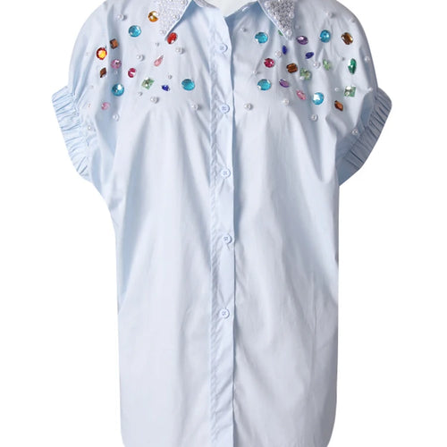 Load image into Gallery viewer, Women Black Colorful Rhinestones Big Size Blouse New Lapel Short Sleeve Shirt Fashion Tide Spring Summer 2025 CPG3228
