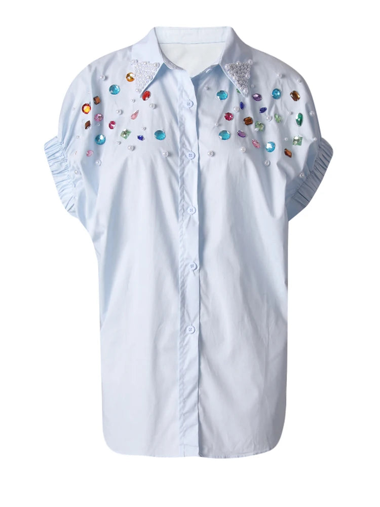 Women Black Colorful Rhinestones Big Size Blouse New Lapel Short Sleeve Shirt Fashion Tide Spring Summer 2025 CPG3228
