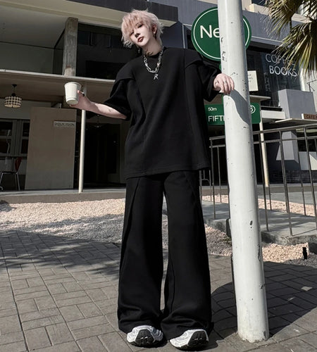 Men's Pants Set New  Summer Solid Color Splicing Short Sleeve Sweatshirt Straight Leg Trendy  Casual Pants Menwear 9W1797