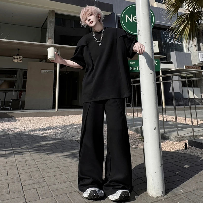 Men's Pants Set New  Summer Solid Color Splicing Short Sleeve Sweatshirt Straight Leg Trendy  Casual Pants Menwear 9W1797