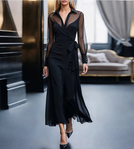 Women's Half See-Through Elegant Dresses 2025 Summer Autumn Lace Up Black Business Casual Fashion Female Long Dress