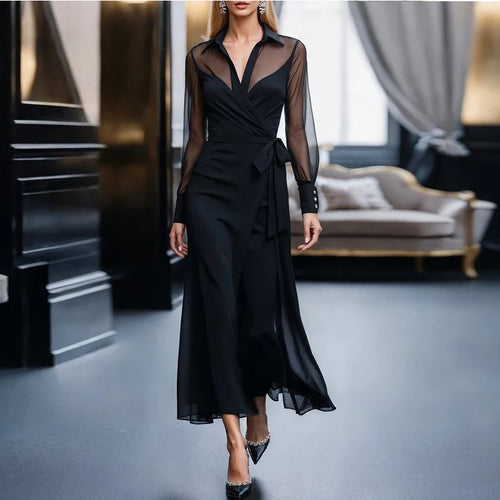 Load image into Gallery viewer, Women&#39;s Half See-Through Elegant Dresses 2025 Summer Autumn Lace Up Black Business Casual Fashion Female Long Dress
