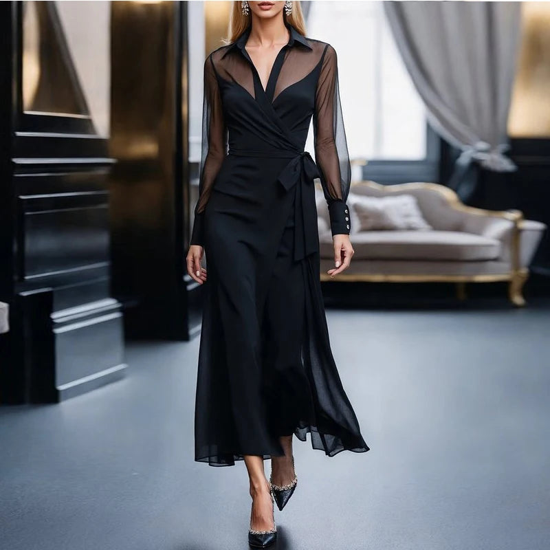 Women's Half See-Through Elegant Dresses 2025 Summer Autumn Lace Up Black Business Casual Fashion Female Long Dress