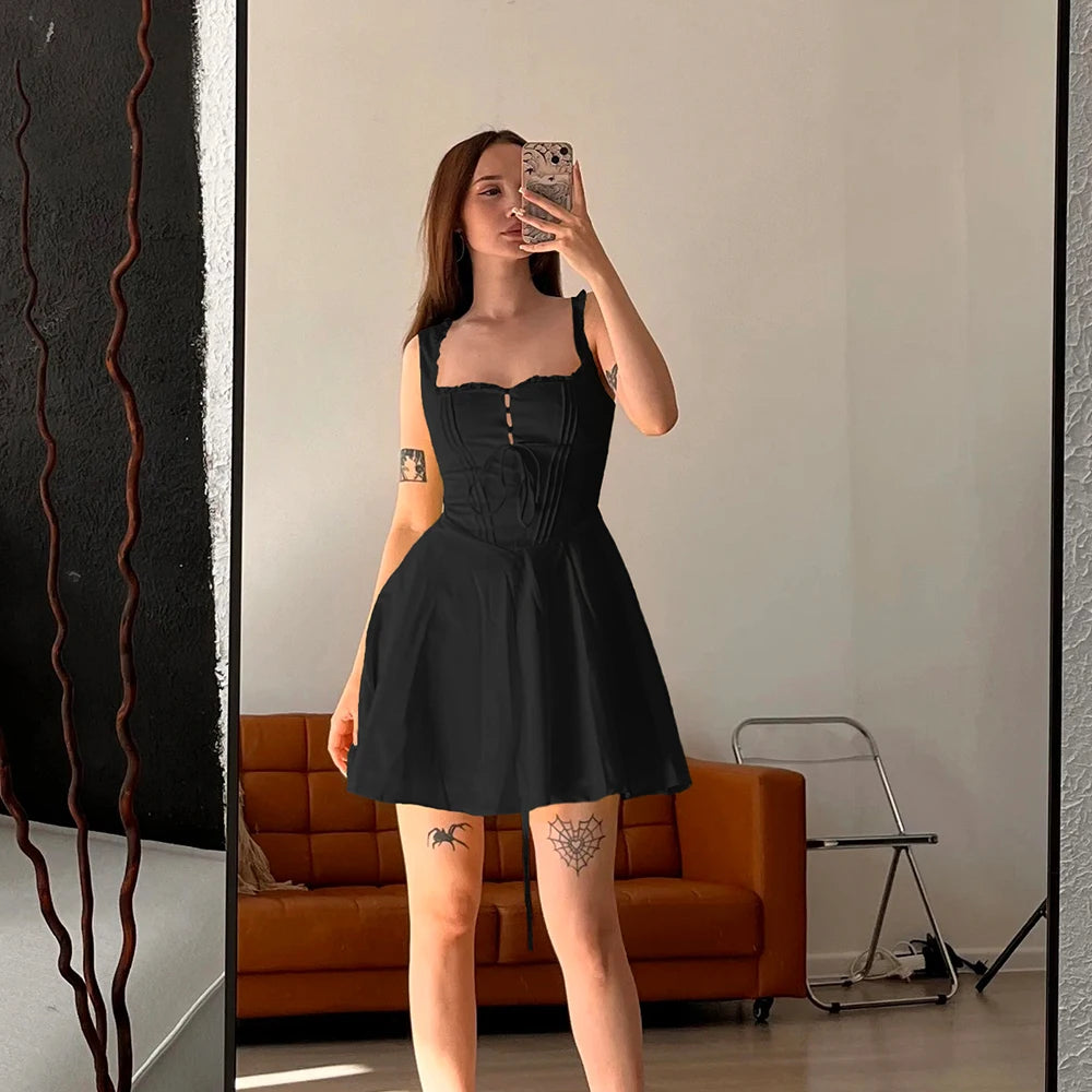 Summer Lovely Cute Mini Dress Black Hollow Out Sexy Party Dresses Lace Up Elegant Holiday Dress Women 2024 New In