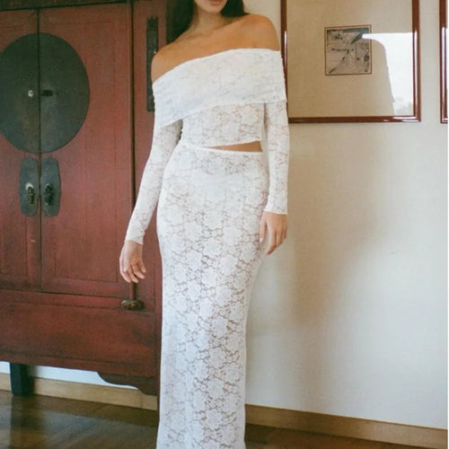 Load image into Gallery viewer, Elegant Lace Patchwork Long Sleeved Two Piece Set Women Slim Fit One Line Neck Top Tight Long Skirt Set Party Clubwear
