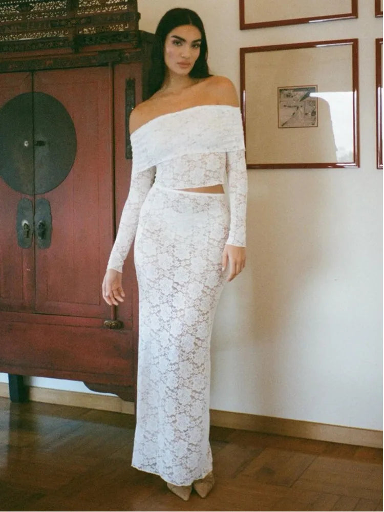 Elegant Lace Patchwork Long Sleeved Two Piece Set Women Slim Fit One Line Neck Top Tight Long Skirt Set Party Clubwear