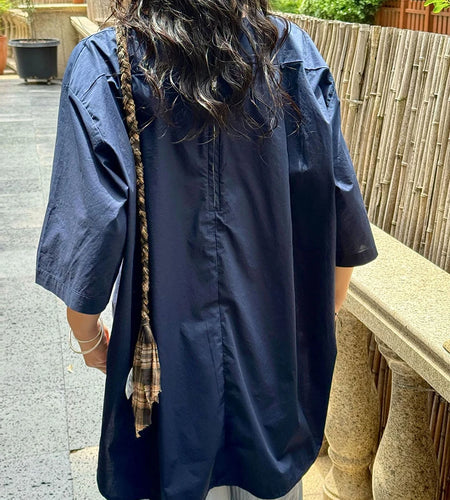 Women Navy Blue Big Size Elegant Blouse New Round Neck Three-quarter Sleeve Shirt Fashion Tide Spring Autumn 2025 1DJ1629