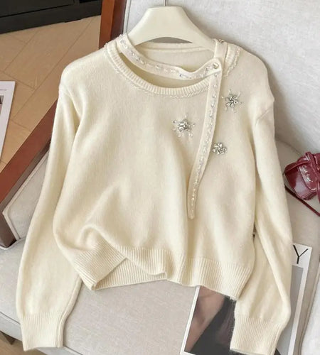 Korean Autumn Winter Beige Diamonds Long Sleeves Loose Knit Crochet Sweater Women's Red Round Neck Versatile Short Pullover Tops