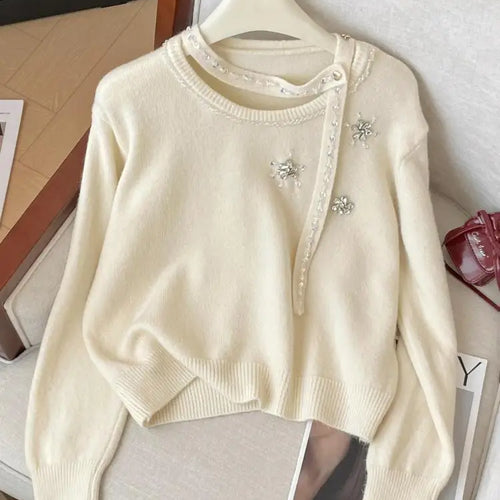 Load image into Gallery viewer, Korean Autumn Winter Beige Diamonds Long Sleeves Loose Knit Crochet Sweater Women's Red Round Neck Versatile Short Pullover Tops
