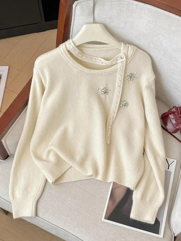 Korean Autumn Winter Beige Diamonds Long Sleeves Loose Knit Crochet Sweater Women's Red Round Neck Versatile Short Pullover Tops