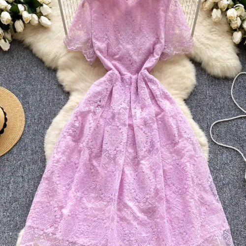 Load image into Gallery viewer, Summer French Retro Solid Elegant Lace Embroidery Single Breasted Temperament Long Dress Women Evening Party Princess Dress Chic
