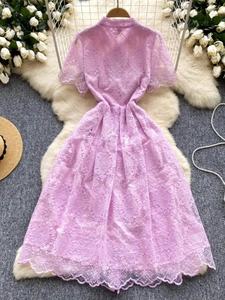Summer French Retro Solid Elegant Lace Embroidery Single Breasted Temperament Long Dress Women Evening Party Princess Dress Chic