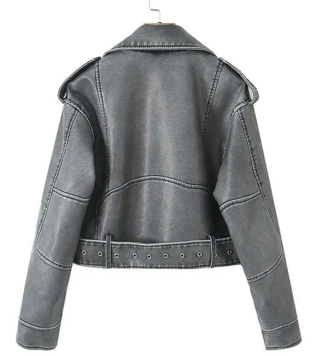 Gray Big Size Casual Short PU Leather Jacket New Lapel Long Sleeve Women Coat Fashion Tide Spring Autumn 2025 1DH8478