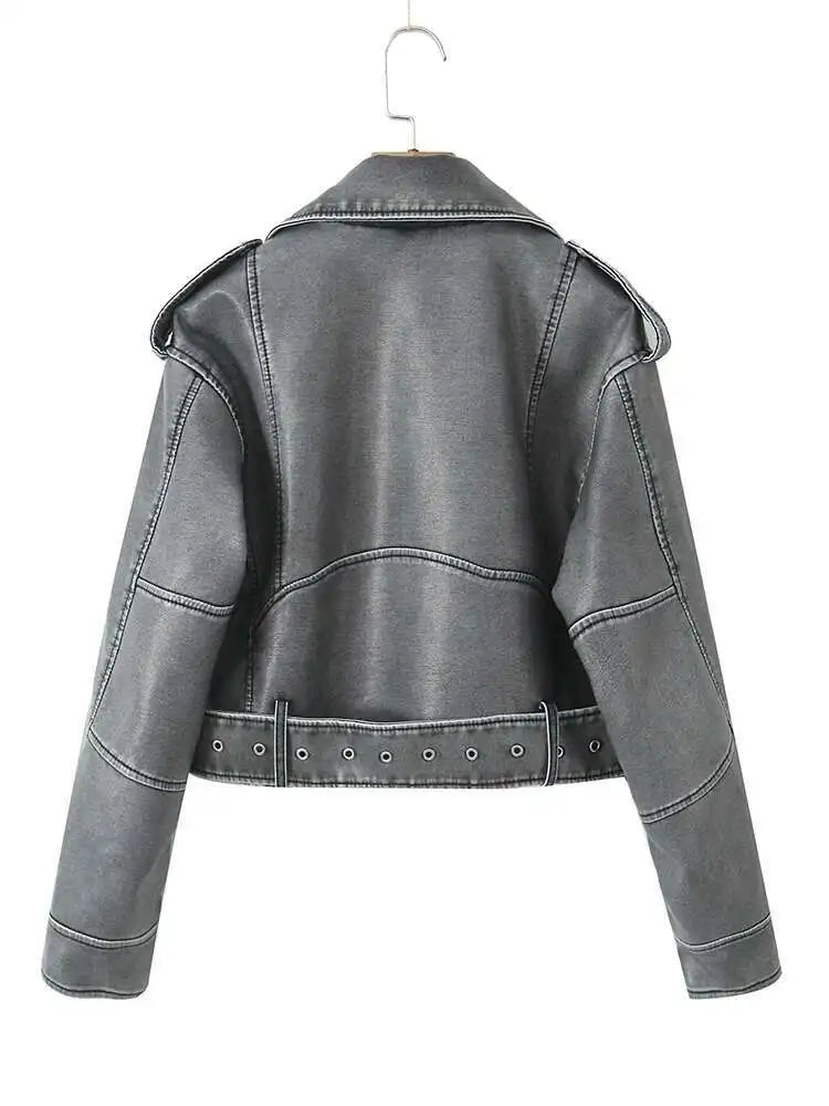 Gray Big Size Casual Short PU Leather Jacket New Lapel Long Sleeve Women Coat Fashion Tide Spring Autumn 2025 1DH8478