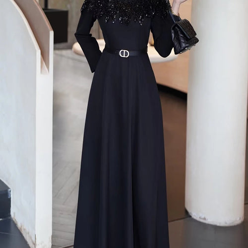 Load image into Gallery viewer, Hit Color Spliced Sequins Elegant Dresses for Women Round Neck Long Sleeves Patchwork Belt Dress Female Clothes New
