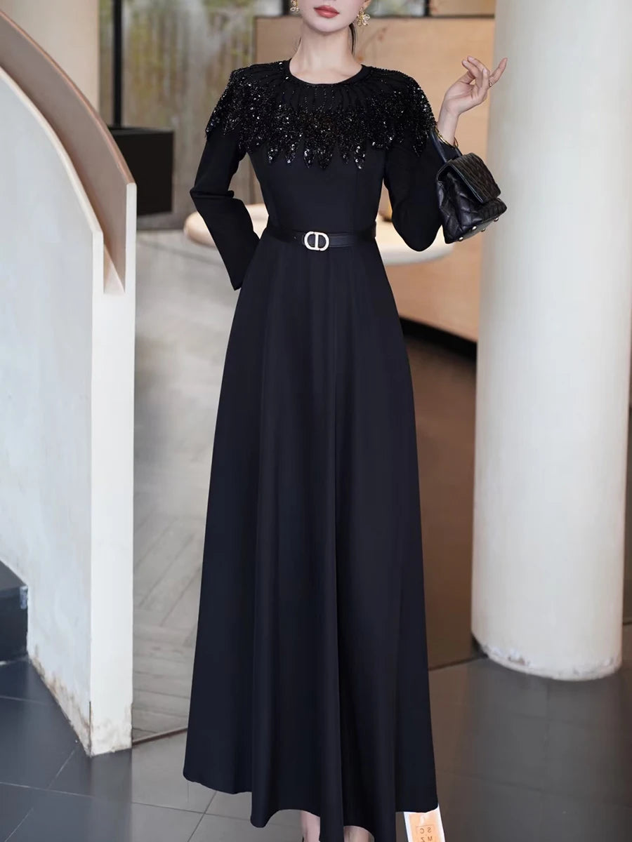 Hit Color Spliced Sequins Elegant Dresses for Women Round Neck Long Sleeves Patchwork Belt Dress Female Clothes New