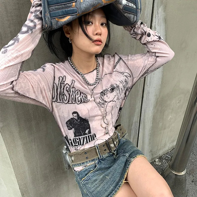 Y2k Aesthetics T-shirt Grunge Fairycore Harajuku Tshirt Japanese Cartoon Print Tee Shirts Korean Fashion Tops E-girl 00s