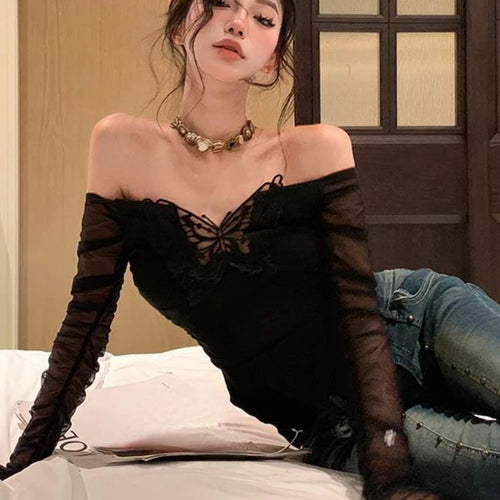 Load image into Gallery viewer, Y2k Aesthetic Patchwor Butterfly Women T-Shirt Vintage Harajuku Slim Fit Tshirts Knitted Long Sleeve Grunge Streetwear Crop Top
