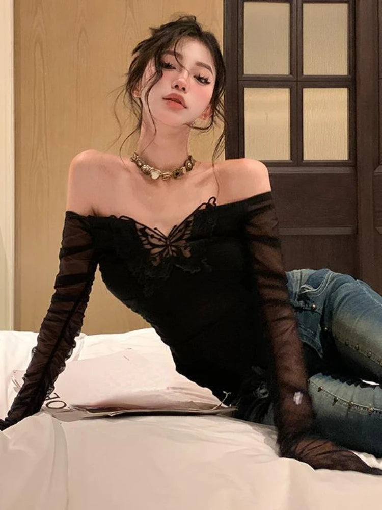 Y2k Aesthetic Patchwor Butterfly Women T-Shirt Vintage Harajuku Slim Fit Tshirts Knitted Long Sleeve Grunge Streetwear Crop Top