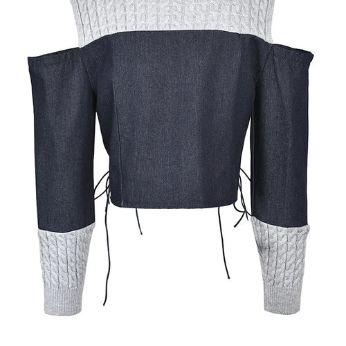 Load image into Gallery viewer, Women Blue Knitting Denim Bandage Elegant T-shirt New Round Neck Long Sleeve Fashion Tide Spring Autumn 2025 1LD0815
