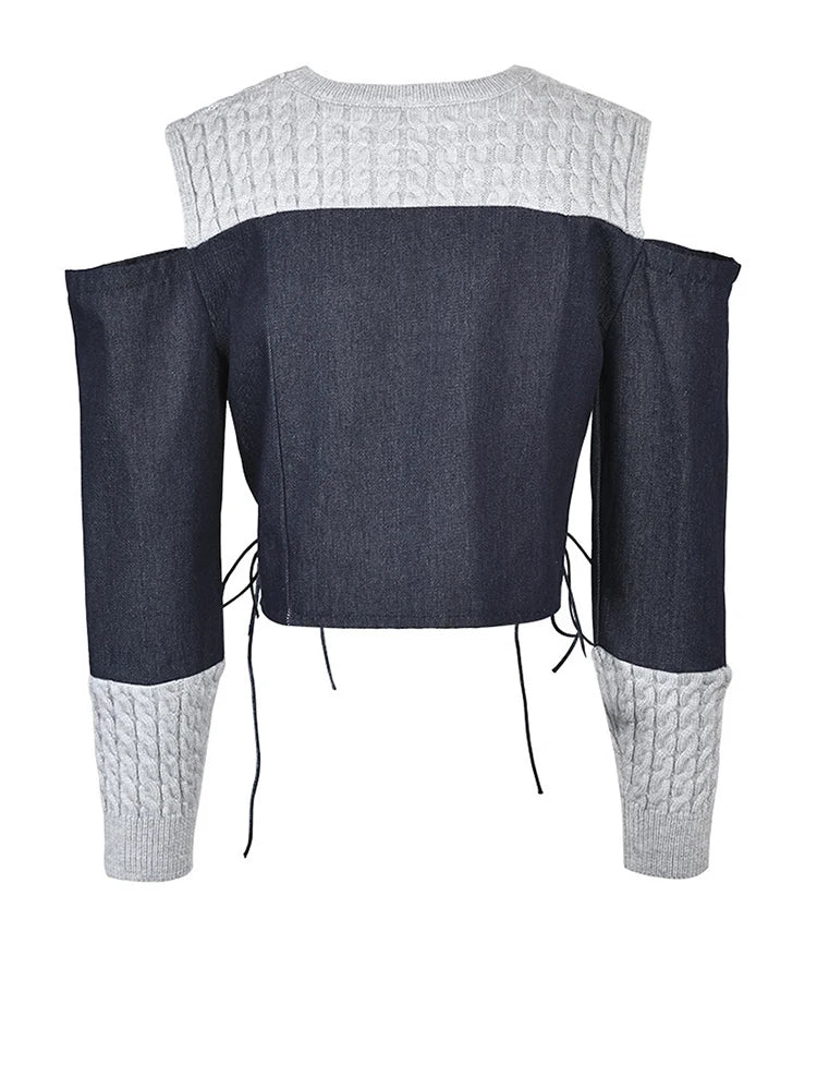 Women Blue Knitting Denim Bandage Elegant T-shirt New Round Neck Long Sleeve Fashion Tide Spring Autumn 2025 1LD0815