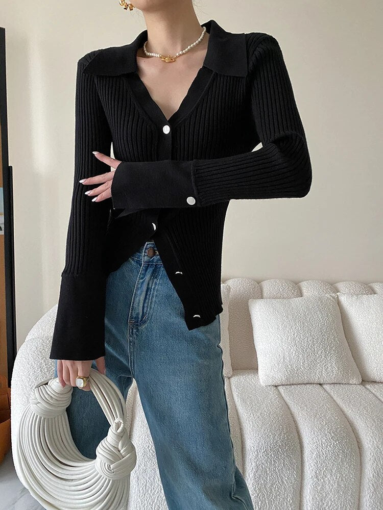 Solid Knitting Sweaters For Women Lapel Long Sleeve Single Breasted Slimming Casual Cardigans Female Fashion New