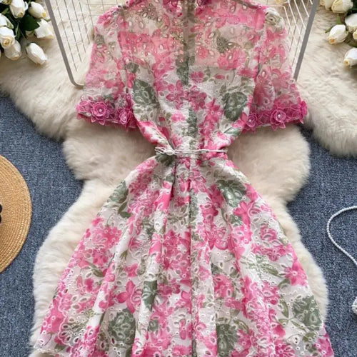 Load image into Gallery viewer, French Retro Women Embroidered Flower Bead Round Neck Short Sleeved Mini Dress Summer Hollowed Out Lace-up Evening Party Dresses
