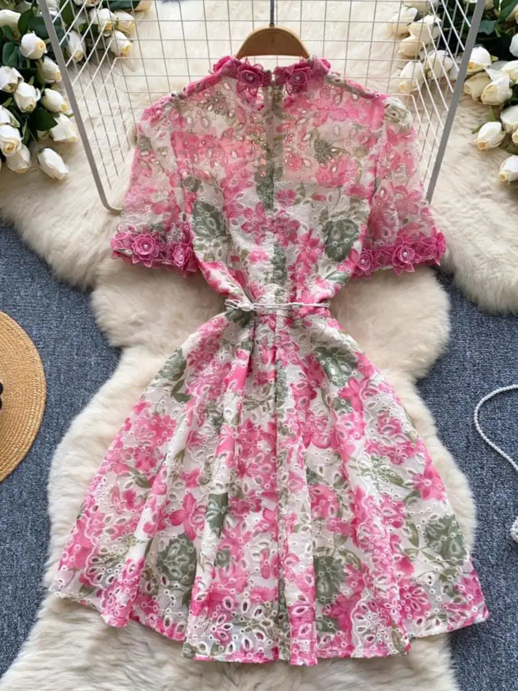 French Retro Women Embroidered Flower Bead Round Neck Short Sleeved Mini Dress Summer Hollowed Out Lace-up Evening Party Dresses