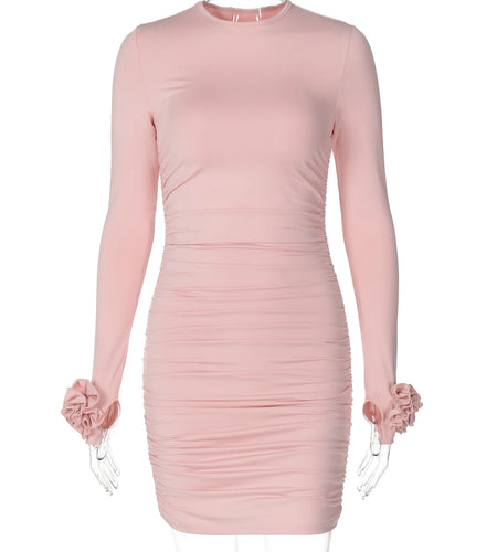 Elegant Solid Long Sleeve Tie Flowers Sexy Bodycon Pleated Mini Dress Spring Women Outfits Birthday Party Festival