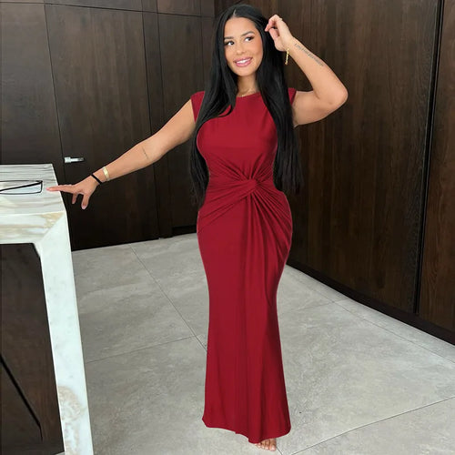 Load image into Gallery viewer, Sleeveless Ruched Sexy Maxi Dress For Women Gown Fashion Solid O Neck High Waist Bodycon Club Long Dress Vestido
