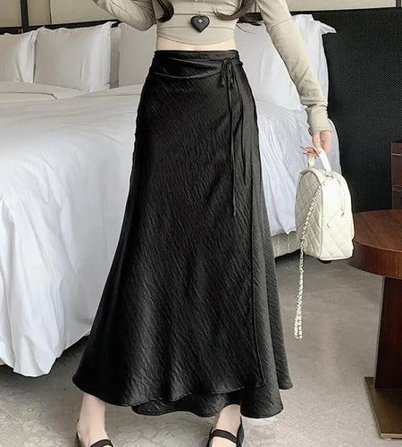 French Fashion Solid High Waist Lace-up Long Skirts 2025 Spring Summer Women Vacation Pleated Fishtail Skirt Simplicity Popular