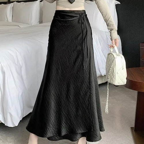 Load image into Gallery viewer, French Fashion Solid High Waist Lace-up Long Skirts 2025 Spring Summer Women Vacation Pleated Fishtail Skirt Simplicity Popular
