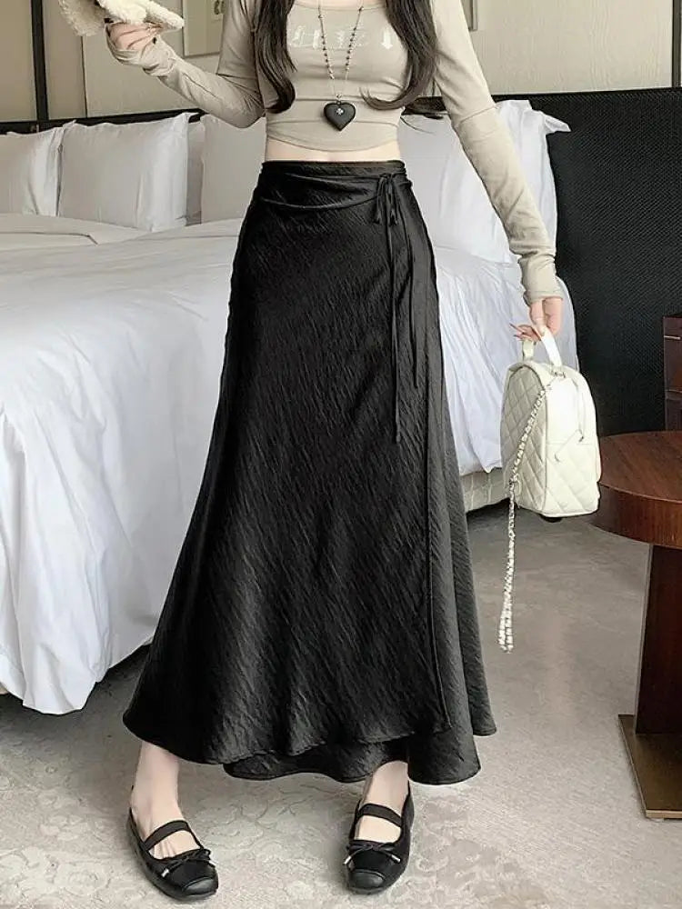 French Fashion Solid High Waist Lace-up Long Skirts 2025 Spring Summer Women Vacation Pleated Fishtail Skirt Simplicity Popular