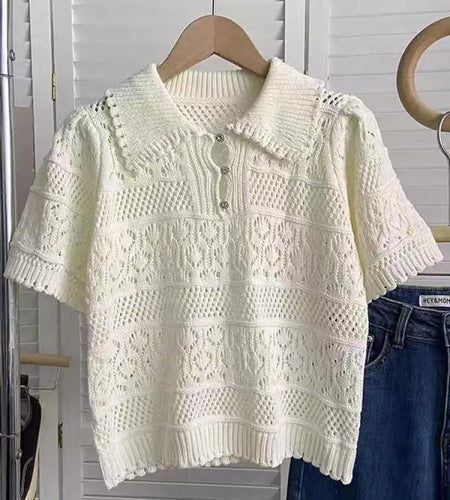 Korean 2023 Summer Hollow Out White Turn-down Collar Women Female Short Sleeve Top Casual Pullover Knit Crochet Clothes Simple