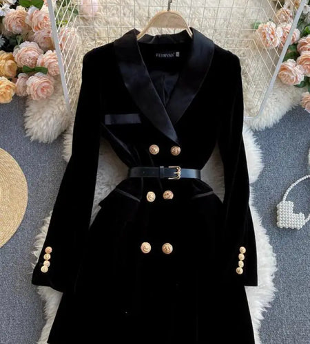Women Black Velvet Work Style Blazer Short Dresses Autumn Winter Double Breasted Slim Long Sleeve Mini Dress Ladies Street Trend